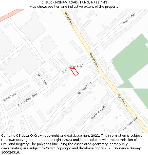 1, BUCKINGHAM ROAD, TRING, HP23 4HG: Location map and indicative extent of plot