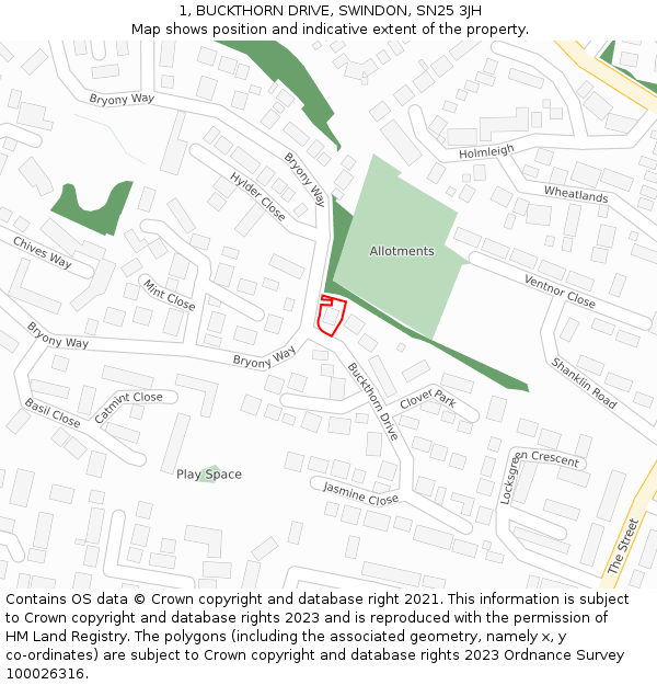 1, BUCKTHORN DRIVE, SWINDON, SN25 3JH: Location map and indicative extent of plot
