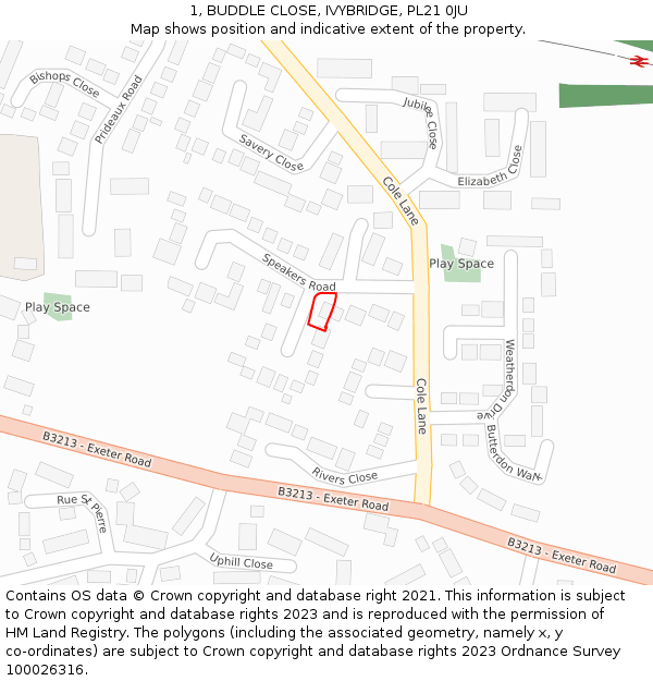 1, BUDDLE CLOSE, IVYBRIDGE, PL21 0JU: Location map and indicative extent of plot
