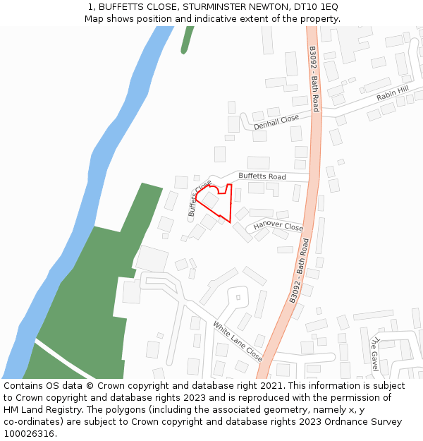 1, BUFFETTS CLOSE, STURMINSTER NEWTON, DT10 1EQ: Location map and indicative extent of plot