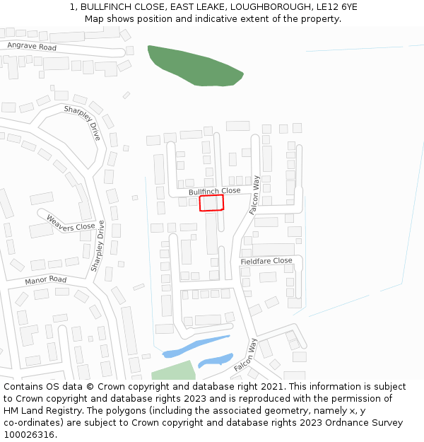 1, BULLFINCH CLOSE, EAST LEAKE, LOUGHBOROUGH, LE12 6YE: Location map and indicative extent of plot