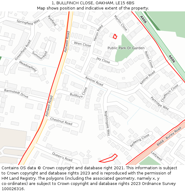 1, BULLFINCH CLOSE, OAKHAM, LE15 6BS: Location map and indicative extent of plot