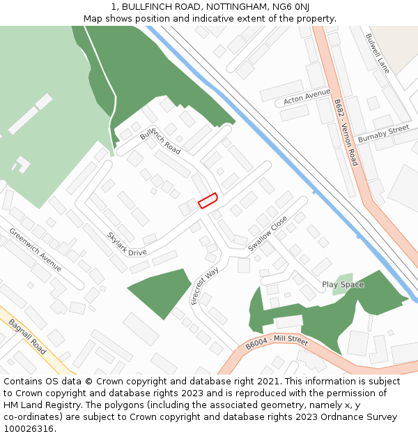 1, BULLFINCH ROAD, NOTTINGHAM, NG6 0NJ: Location map and indicative extent of plot