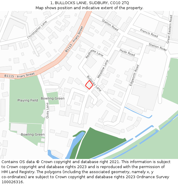 1, BULLOCKS LANE, SUDBURY, CO10 2TQ: Location map and indicative extent of plot