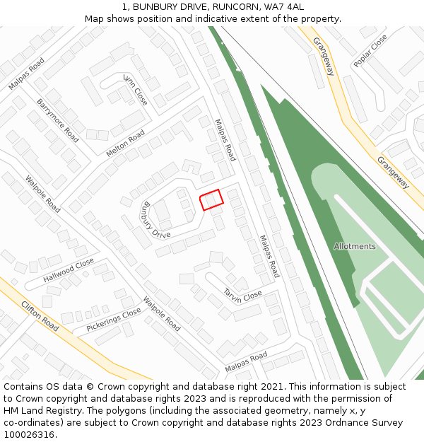 1, BUNBURY DRIVE, RUNCORN, WA7 4AL: Location map and indicative extent of plot