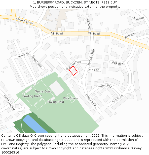 1, BURBERRY ROAD, BUCKDEN, ST NEOTS, PE19 5UY: Location map and indicative extent of plot