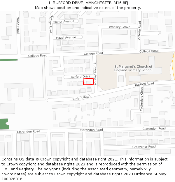 1, BURFORD DRIVE, MANCHESTER, M16 8FJ: Location map and indicative extent of plot