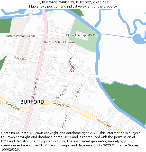 1, BURGAGE GARDENS, BURFORD, OX18 4SR: Location map and indicative extent of plot