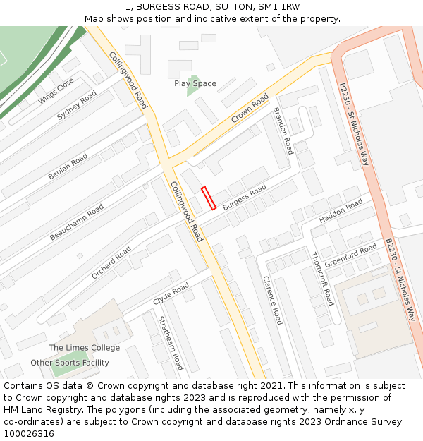1, BURGESS ROAD, SUTTON, SM1 1RW: Location map and indicative extent of plot