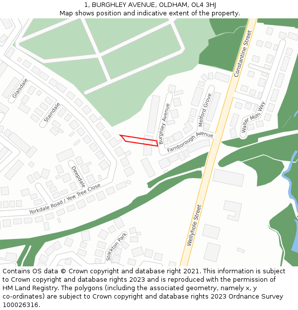 1, BURGHLEY AVENUE, OLDHAM, OL4 3HJ: Location map and indicative extent of plot