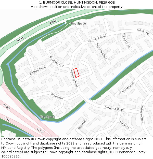1, BURMOOR CLOSE, HUNTINGDON, PE29 6GE: Location map and indicative extent of plot