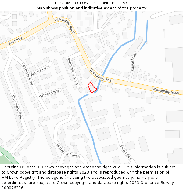 1, BURMOR CLOSE, BOURNE, PE10 9XT: Location map and indicative extent of plot