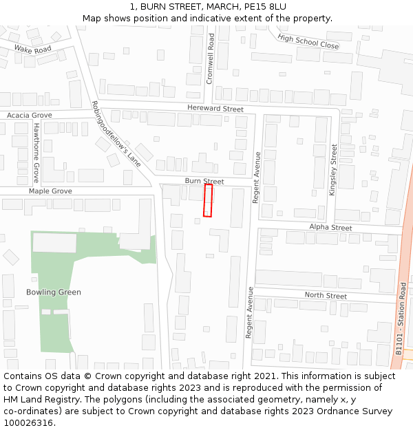 1, BURN STREET, MARCH, PE15 8LU: Location map and indicative extent of plot