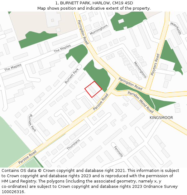 1, BURNETT PARK, HARLOW, CM19 4SD: Location map and indicative extent of plot