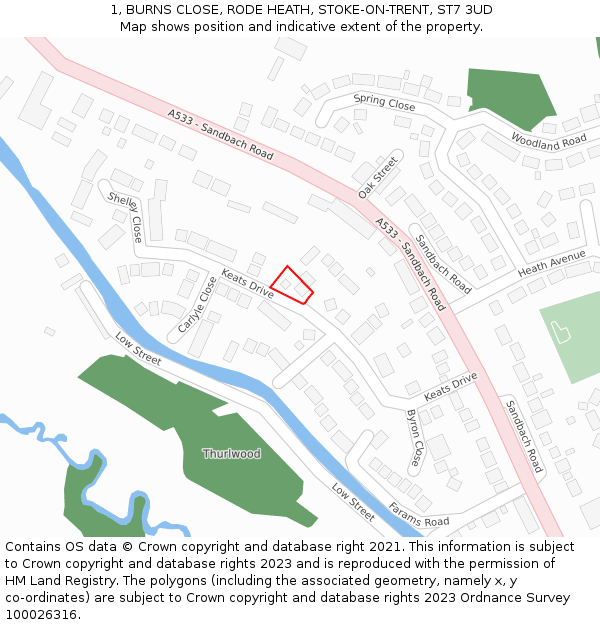 1, BURNS CLOSE, RODE HEATH, STOKE-ON-TRENT, ST7 3UD: Location map and indicative extent of plot