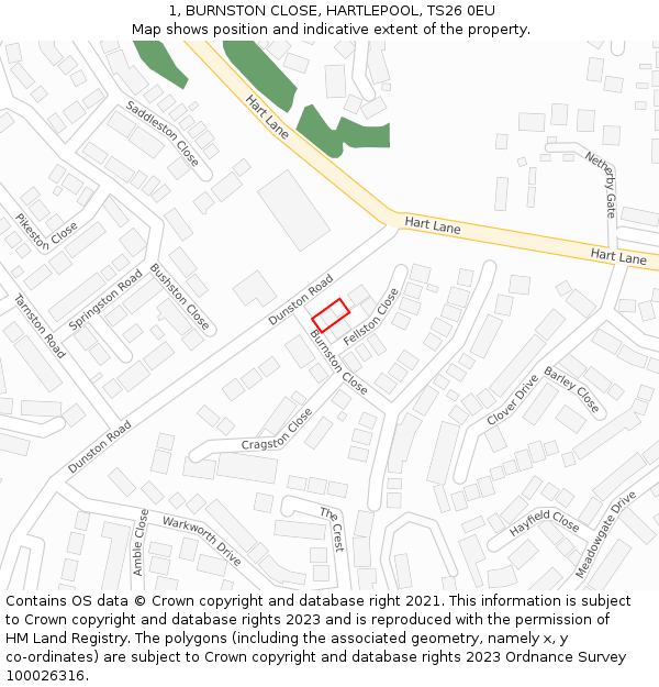 1, BURNSTON CLOSE, HARTLEPOOL, TS26 0EU: Location map and indicative extent of plot