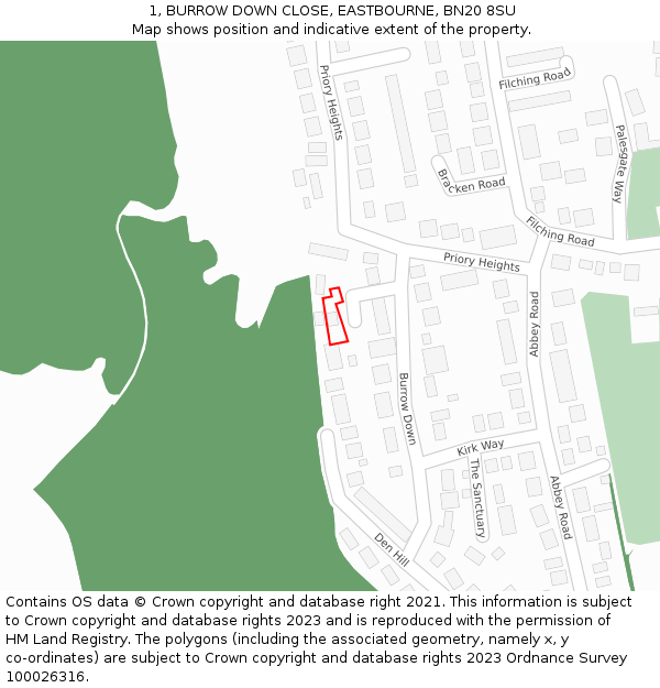 1, BURROW DOWN CLOSE, EASTBOURNE, BN20 8SU: Location map and indicative extent of plot