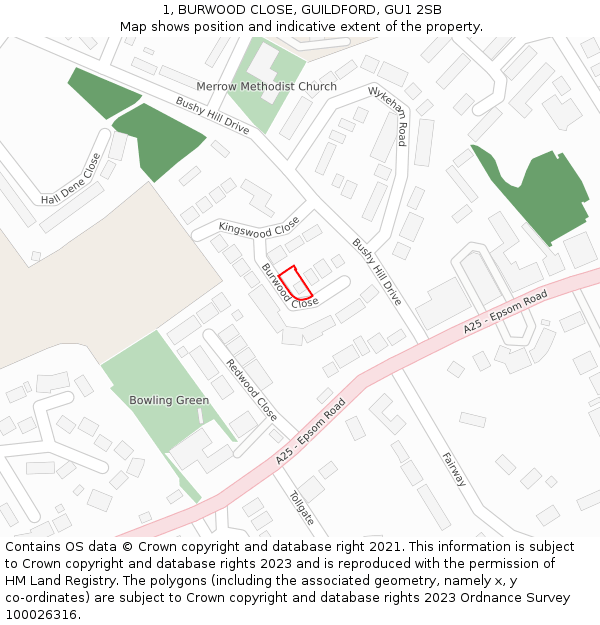 1, BURWOOD CLOSE, GUILDFORD, GU1 2SB: Location map and indicative extent of plot