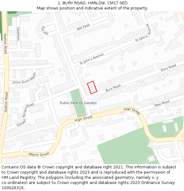 1, BURY ROAD, HARLOW, CM17 0ED: Location map and indicative extent of plot