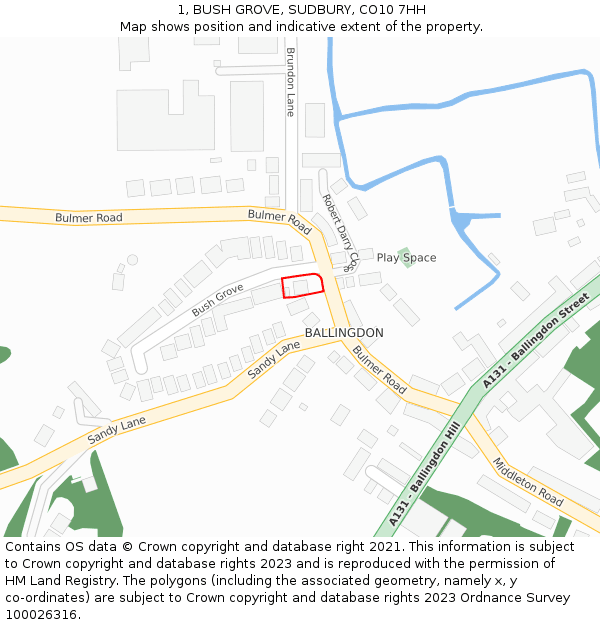 1, BUSH GROVE, SUDBURY, CO10 7HH: Location map and indicative extent of plot