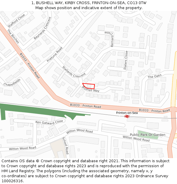 1, BUSHELL WAY, KIRBY CROSS, FRINTON-ON-SEA, CO13 0TW: Location map and indicative extent of plot