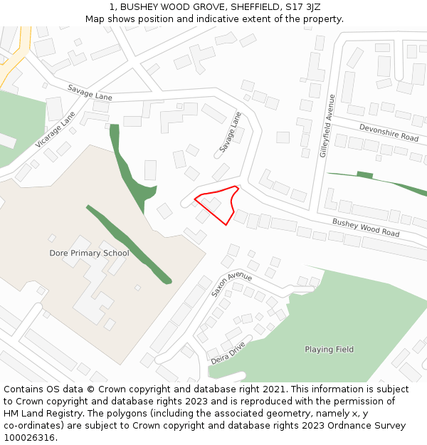 1, BUSHEY WOOD GROVE, SHEFFIELD, S17 3JZ: Location map and indicative extent of plot