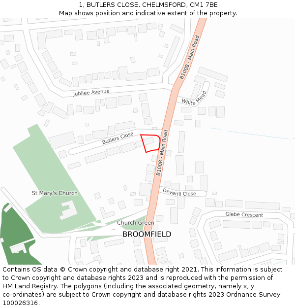 1, BUTLERS CLOSE, CHELMSFORD, CM1 7BE: Location map and indicative extent of plot