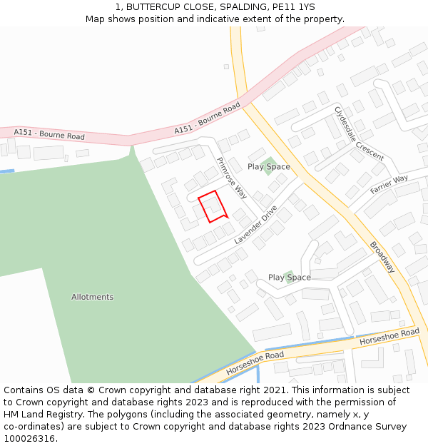 1, BUTTERCUP CLOSE, SPALDING, PE11 1YS: Location map and indicative extent of plot