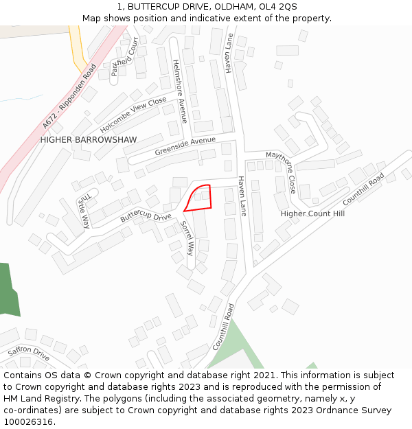 1, BUTTERCUP DRIVE, OLDHAM, OL4 2QS: Location map and indicative extent of plot