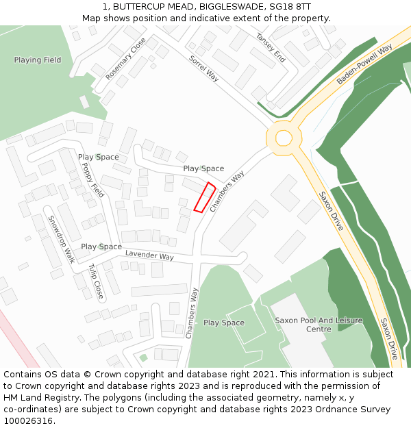 1, BUTTERCUP MEAD, BIGGLESWADE, SG18 8TT: Location map and indicative extent of plot