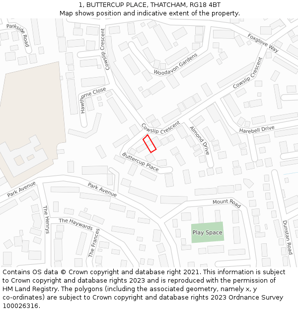 1, BUTTERCUP PLACE, THATCHAM, RG18 4BT: Location map and indicative extent of plot