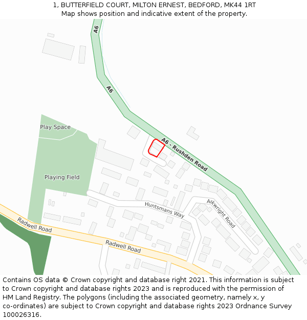 1, BUTTERFIELD COURT, MILTON ERNEST, BEDFORD, MK44 1RT: Location map and indicative extent of plot