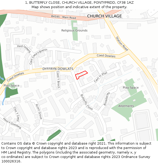 1, BUTTERFLY CLOSE, CHURCH VILLAGE, PONTYPRIDD, CF38 1AZ: Location map and indicative extent of plot