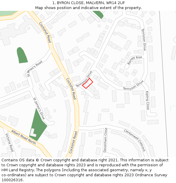 1, BYRON CLOSE, MALVERN, WR14 2UF: Location map and indicative extent of plot