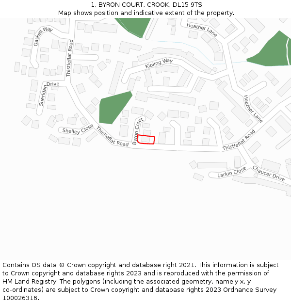 1, BYRON COURT, CROOK, DL15 9TS: Location map and indicative extent of plot