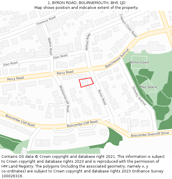 1, BYRON ROAD, BOURNEMOUTH, BH5 1JD: Location map and indicative extent of plot
