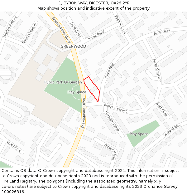 1, BYRON WAY, BICESTER, OX26 2YP: Location map and indicative extent of plot