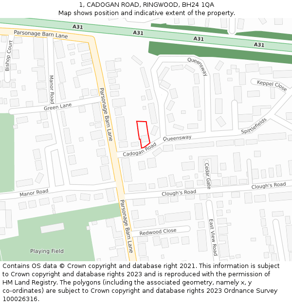 1, CADOGAN ROAD, RINGWOOD, BH24 1QA: Location map and indicative extent of plot