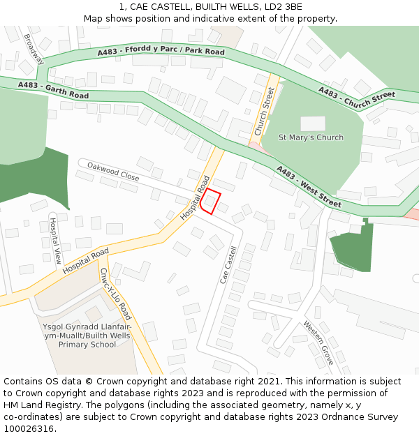 1, CAE CASTELL, BUILTH WELLS, LD2 3BE: Location map and indicative extent of plot