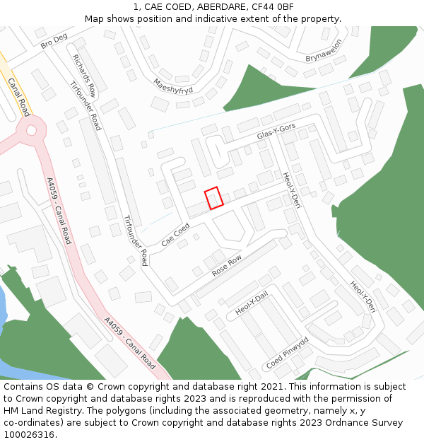 1, CAE COED, ABERDARE, CF44 0BF: Location map and indicative extent of plot