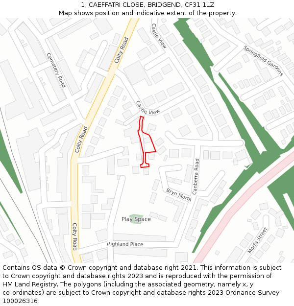 1, CAEFFATRI CLOSE, BRIDGEND, CF31 1LZ: Location map and indicative extent of plot