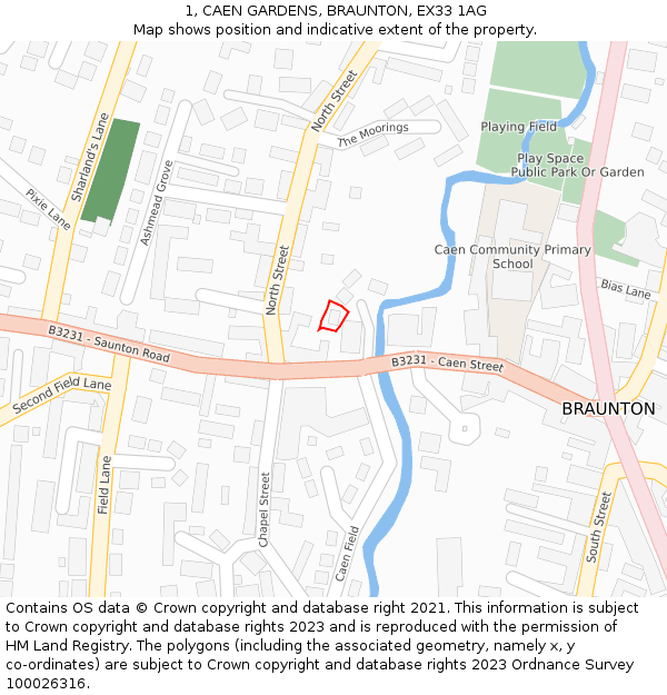 1, CAEN GARDENS, BRAUNTON, EX33 1AG: Location map and indicative extent of plot