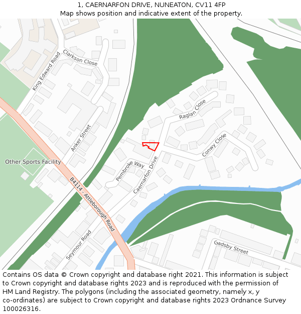 1, CAERNARFON DRIVE, NUNEATON, CV11 4FP: Location map and indicative extent of plot