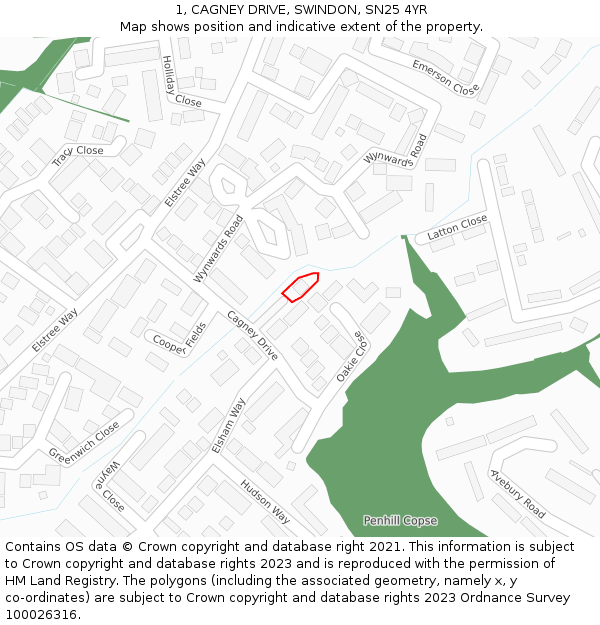 1, CAGNEY DRIVE, SWINDON, SN25 4YR: Location map and indicative extent of plot