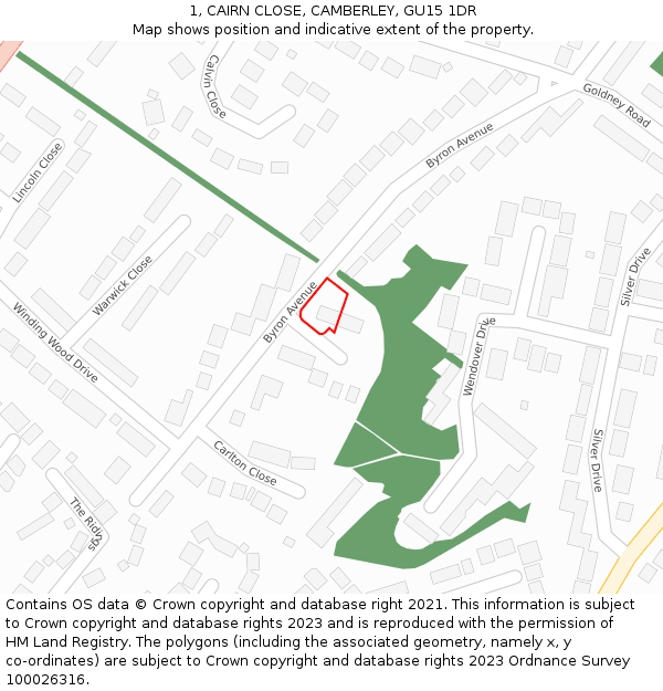 1, CAIRN CLOSE, CAMBERLEY, GU15 1DR: Location map and indicative extent of plot