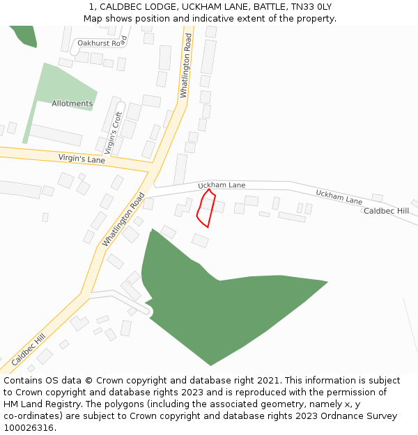 1, CALDBEC LODGE, UCKHAM LANE, BATTLE, TN33 0LY: Location map and indicative extent of plot