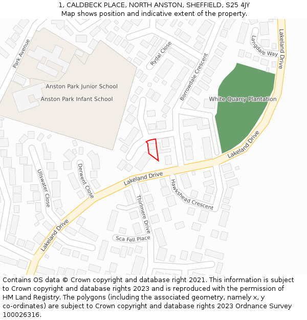 1, CALDBECK PLACE, NORTH ANSTON, SHEFFIELD, S25 4JY: Location map and indicative extent of plot