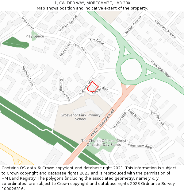 1, CALDER WAY, MORECAMBE, LA3 3RX: Location map and indicative extent of plot