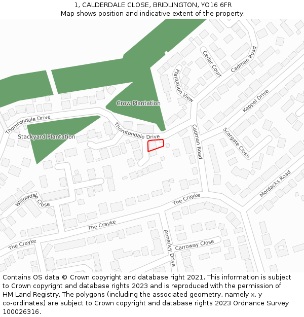 1, CALDERDALE CLOSE, BRIDLINGTON, YO16 6FR: Location map and indicative extent of plot