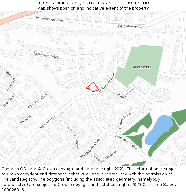 1, CALLADINE CLOSE, SUTTON-IN-ASHFIELD, NG17 1NQ: Location map and indicative extent of plot